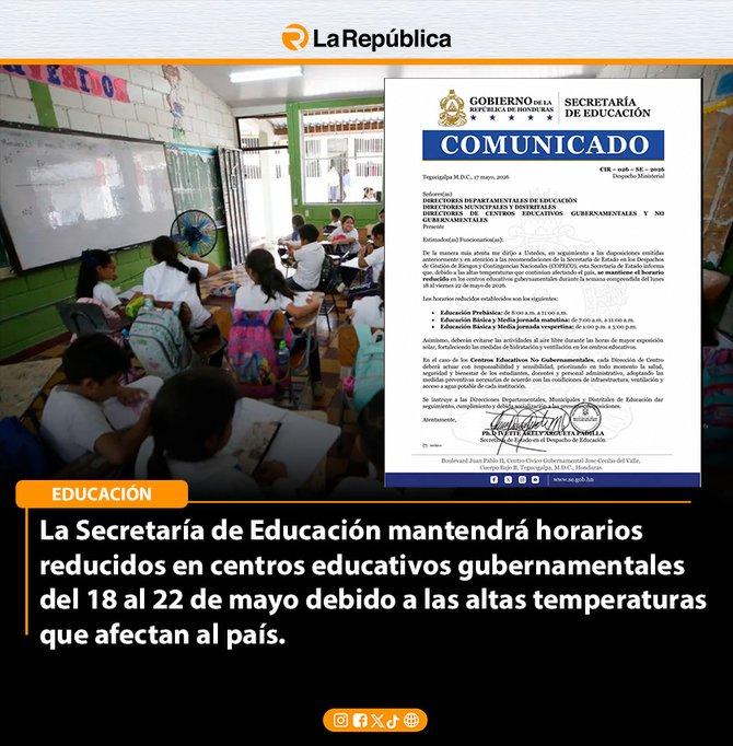 La Secretaría de Educación mantendrá horarios reducidos en centros educativos gubernamentales del 18 al 22 de mayo debido a las altas temper - Cover Image